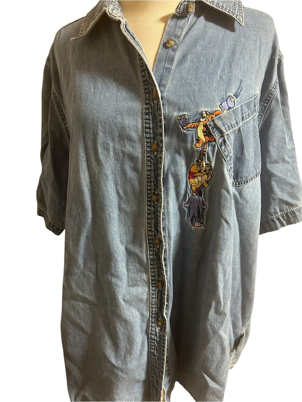 Vintage Denim Winnie The Pooh Button-Up Shirt with Embroidered characters